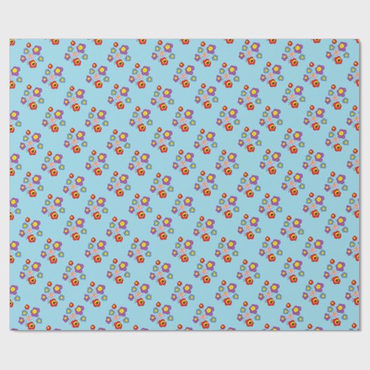 Pretty Ladybugs and Flower Pattern Blue  Cadeaupapier (Vlak)