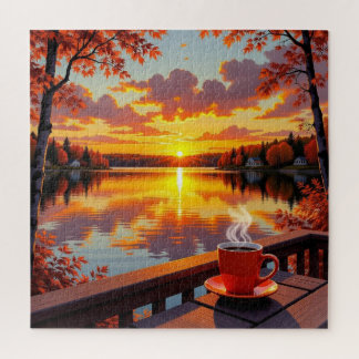 Pretty Lake Side View of a Sunrise and Warm Coffee Legpuzzel
