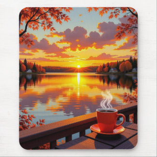 Pretty Lake Side View of a Sunrise and Warm Coffee Muismat