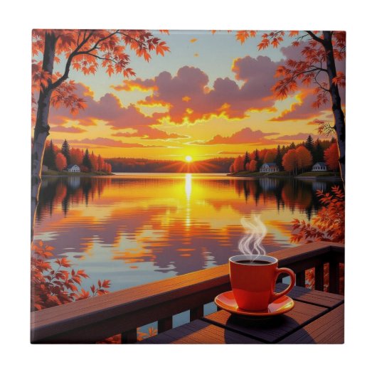Pretty Lake Side View of a Sunrise and Warm Coffee Tegeltje (Voorkant)