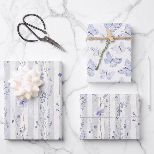 Pretty Lavender White Floral Stripes Birthday Inpakpapier Vel (Voorkant)