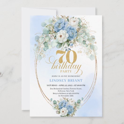 Pretty Light Blue Peonies 70th Birthday Invitation Kaart (Voorkant)