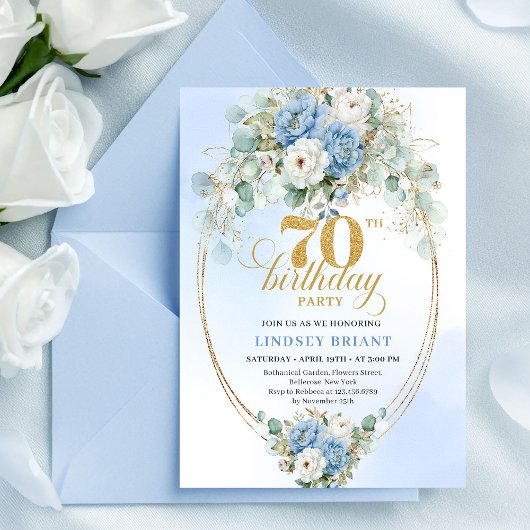 Pretty Light Blue Peonies 70th Birthday Invitation Kaart
