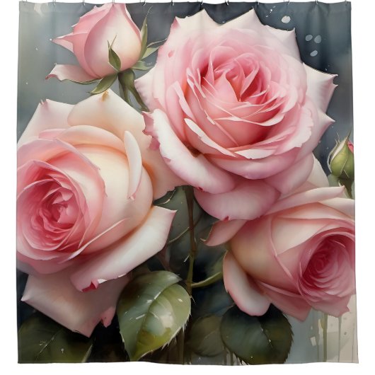 Pretty light pink roses garden watercolor painting douchegordijn (Voorkant)