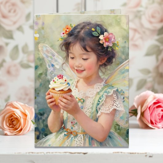 Pretty Little Fairy Girl with Cupcake Birthday Kaart