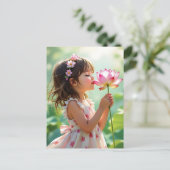 Pretty Little Girl Smelling a Pink Rose Briefkaart (Staand voorkant)