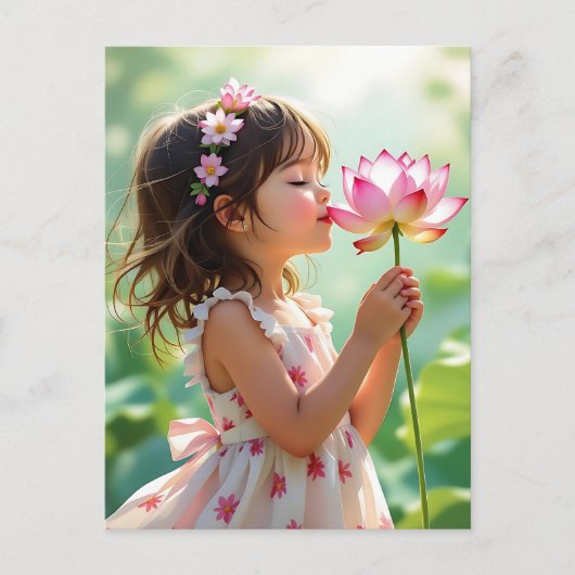 Pretty Little Girl Smelling a Pink Rose Briefkaart (Voorkant)