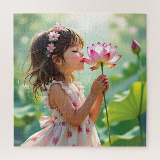Pretty Little Girl Smelling a Pink Rose Legpuzzel (Verticaal)