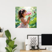 Pretty Little Girl Smelling a Pink Rose Poster (Thuiskantoor)
