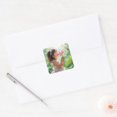 Pretty Little Girl Smelling a Pink Rose Vierkante Sticker (Envelop)