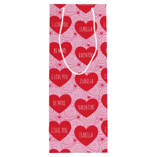 Pretty Love Heart Custom Text Modern Valentines Wijn Cadeautas (Achterkant)