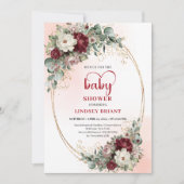 Pretty Maroon Floral Gold Baby Shower Invite Kaart (Voorkant)