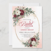 Pretty Maroon Floral Gold Bridal Shower Invitation Kaart (Voorkant)