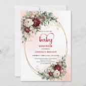 Pretty Marsala Flowers Gold Baby Shower Invitation Kaart (Voorkant)