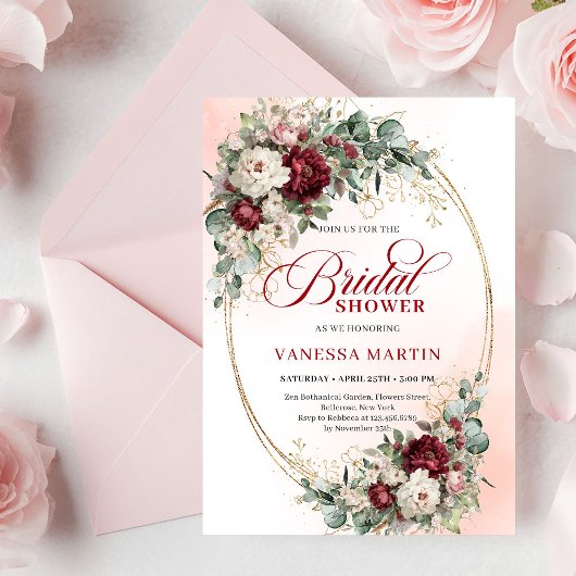 Pretty Marsala Flowers Gold Bridal Shower Invite Kaart