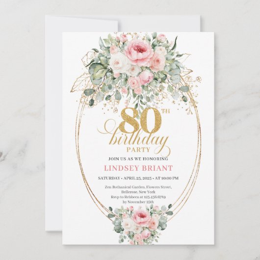 Pretty Minimal Blush Floral 80th Birthday Invite Kaart (Voorkant)