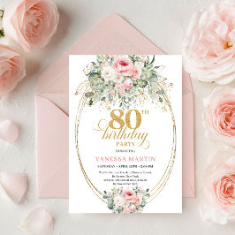 Pretty Minimal Blush Floral 80th Birthday Invite Kaart