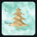 Pretty Mint Green Watercolor Gold Christmas Tree Vierkante Sticker<br><div class="desc">Mint Green Waterverf Gold Stripes kerstboom en Confetti sparkle stippen van en naar labels voor geschenken</div>