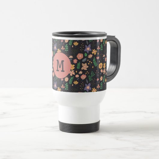 Pretty Modern Dark Floral Pattern Monogram Reisbeker (Voorkant rechts)