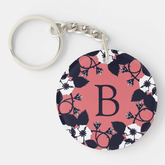 Pretty Modern Floral Coral Pink Monogram Sleutelhanger (Voorkant)