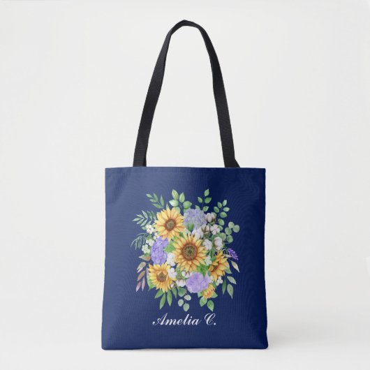 Pretty Modern Navy Sunflower & Wildflowers Design Tote Bag (Voorkant)