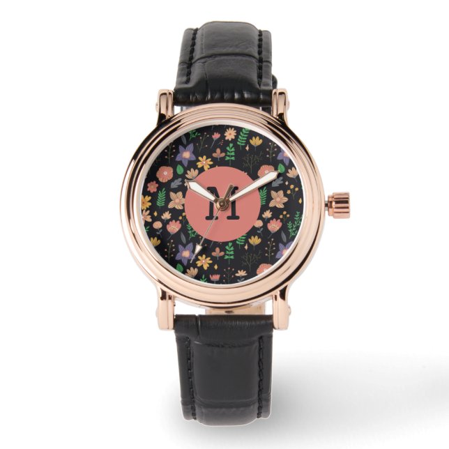 Pretty moderne donkere bloempatroon monogram horloge (Voorkant)