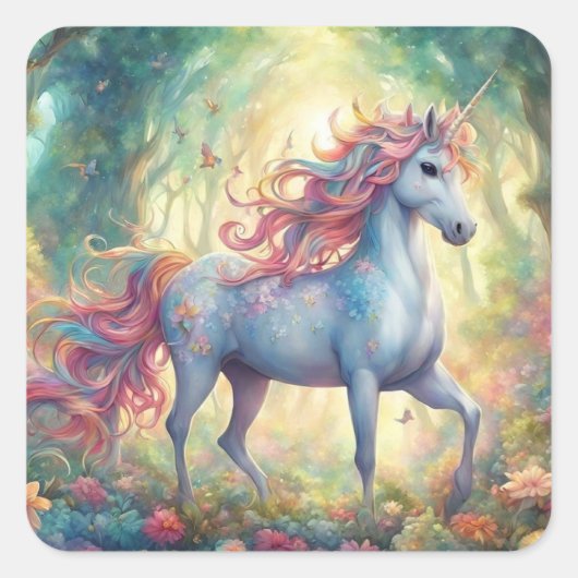 Pretty Multi-Kleurige Eenhoorn Vierkante Sticker (Voorkant)