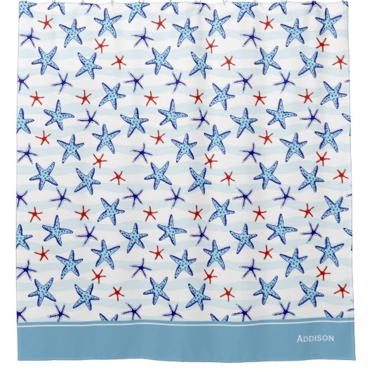 Pretty Ocean Starfish Pattern with Name Blue Douchegordijn (Voorkant)