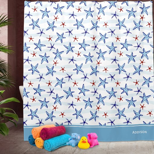 Pretty Ocean Starfish Pattern with Name Blue Douchegordijn