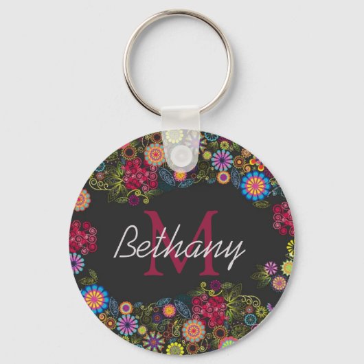 Pretty Ornate Dark Floral Pattern Personalised Sleutelhanger (Voorkant)