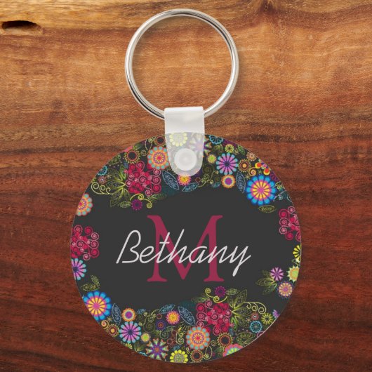 Pretty Ornate Dark Floral Pattern Personalised Sleutelhanger (Voorkant)