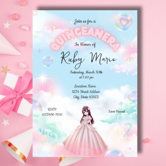 Pretty Pastel Anime Girl Quinceanera Invitation Kaart