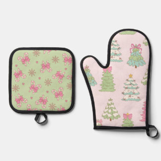 Pretty Pastel Christmas Trees and Bows Ovenwant & Pannenlap Set