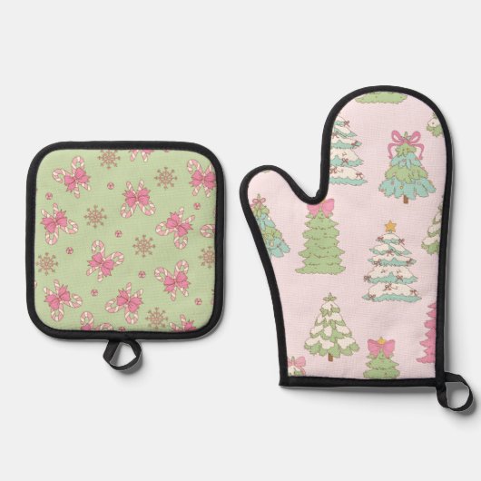 Pretty Pastel Christmas Trees and Bows Ovenwant & Pannenlap Set (Voorkant)
