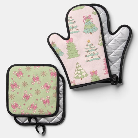 Pretty Pastel Christmas Trees and Bows Ovenwant & Pannenlap Set (Voorkant / Achterkant)