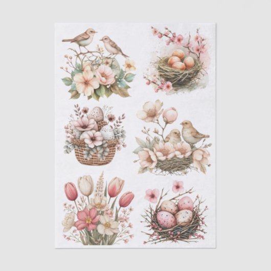 Pretty Pastel Pink Flowers, Birds, Nests and Eggs Tissuepapier (Voorkant)