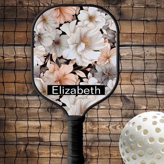 Pretty Peach and White Peony Personalized Pickleball Paddle