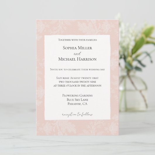 Pretty Peach Blush White Floral Faux Lace Wedding Kaart (Staand voorkant)