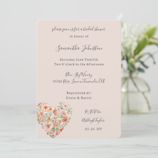 Pretty Peach Floral Heart Bridal Shower Kaart (Staand voorkant)