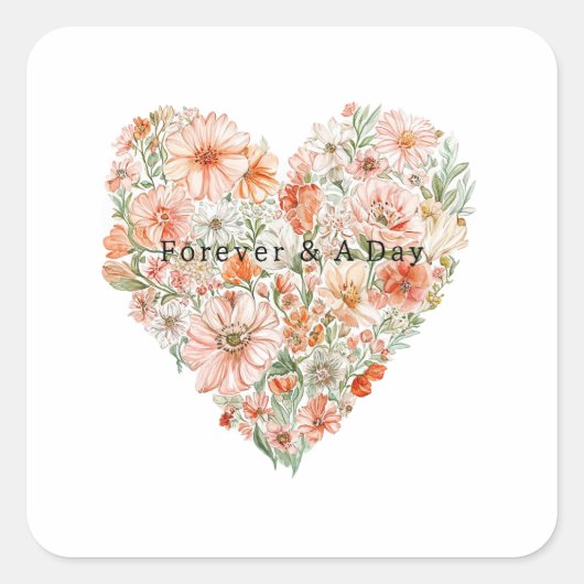 Pretty Peach Floral Heart Wedding Vierkante Sticker (Voorkant)