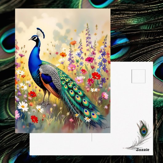 Pretty Peacock in Floral Meadow | Saying Hi Briefkaart