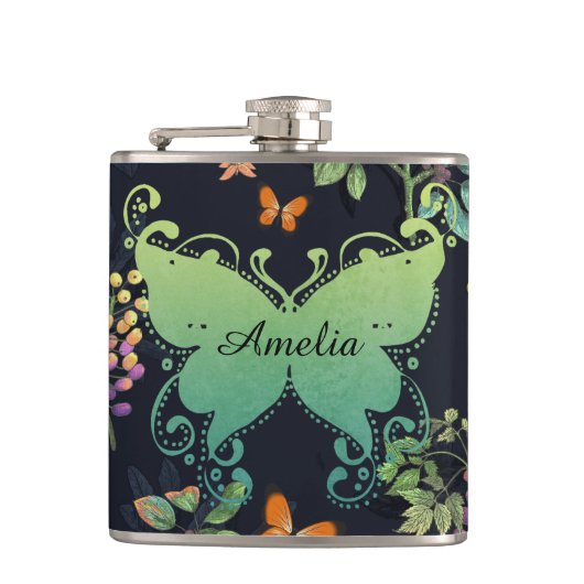 Pretty Personalised Dark Floral Butterfly Pattern Heupfles (Voorkant)
