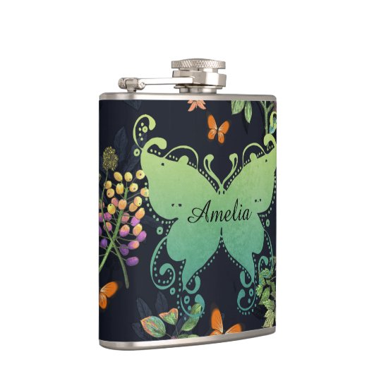 Pretty Personalised Dark Floral Butterfly Pattern Heupfles (Rechts)