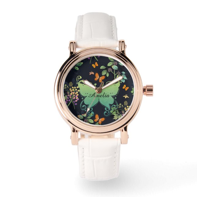 Pretty Personalised Dark Floral Butterfly Pattern Horloge (Voorkant)