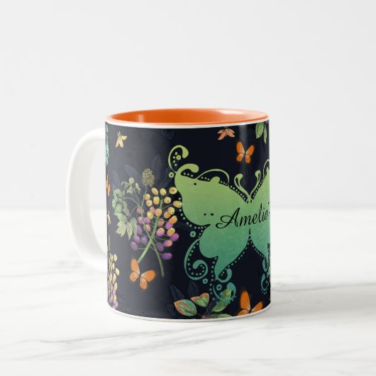 Pretty Personalised Dark Floral Butterfly Pattern Tweekleurige Koffiemok (Voorkant links)