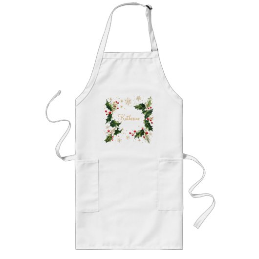 Pretty Personalized Holly & Snowflakes Xmas Apron Lang Schort (Voorkant)