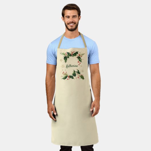 Pretty Personalized Holly & Snowflakes Xmas Apron Schort (Gedragen)