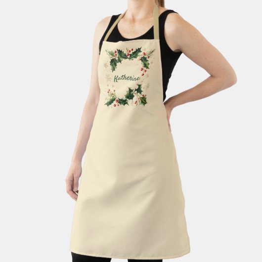 Pretty Personalized Holly & Snowflakes Xmas Apron Schort (Insitu)