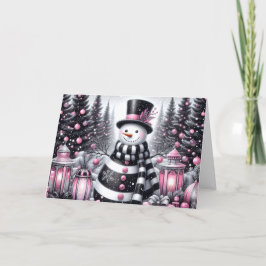 Pretty Pink and Black Snowman Christmas Feestdagen Kaart