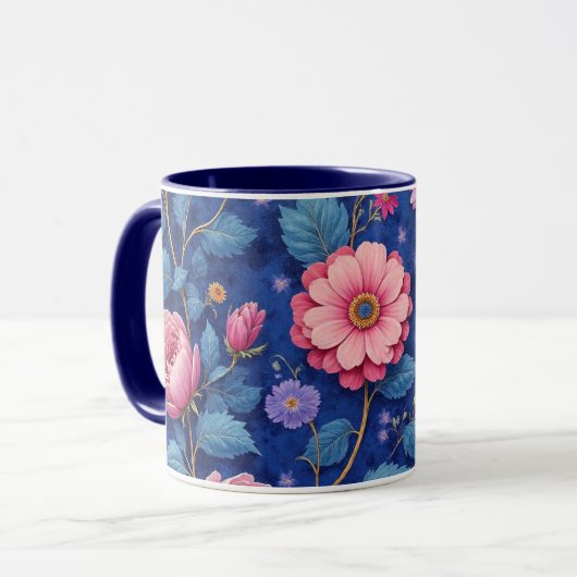 Pretty pink and blue floral pattern mok (Voorkant links)